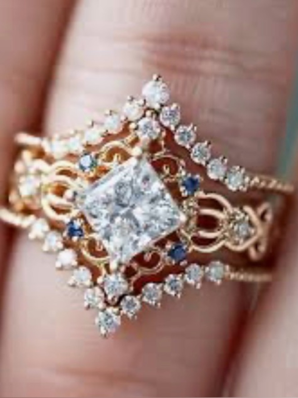 3 pc Gold diamond cz ring with blue sapphire